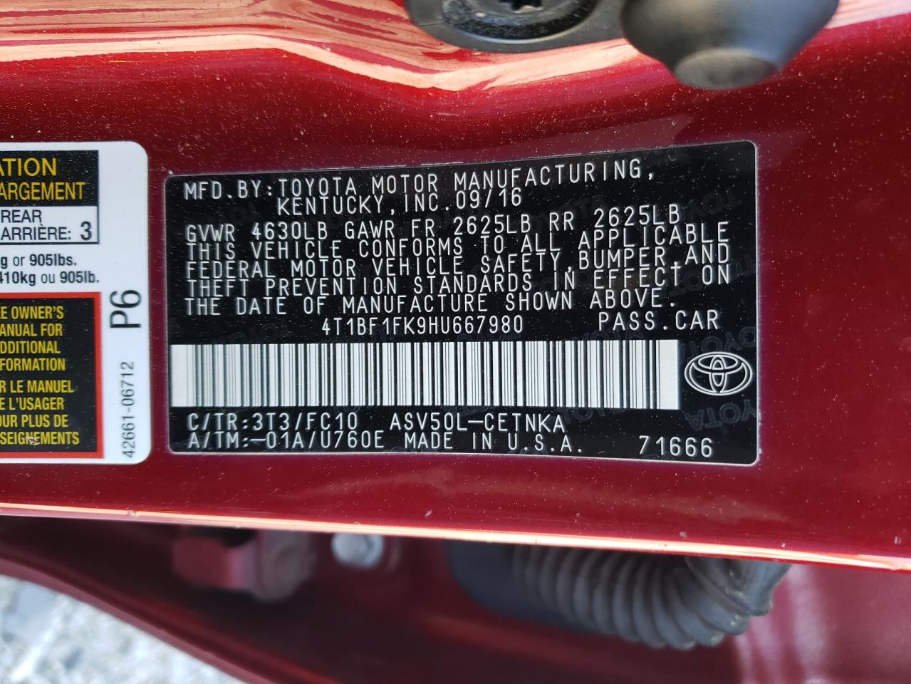 4t1bf1fk9hu667980 4T1BF1FK9HU667980 2017 Toyota Camry Le
