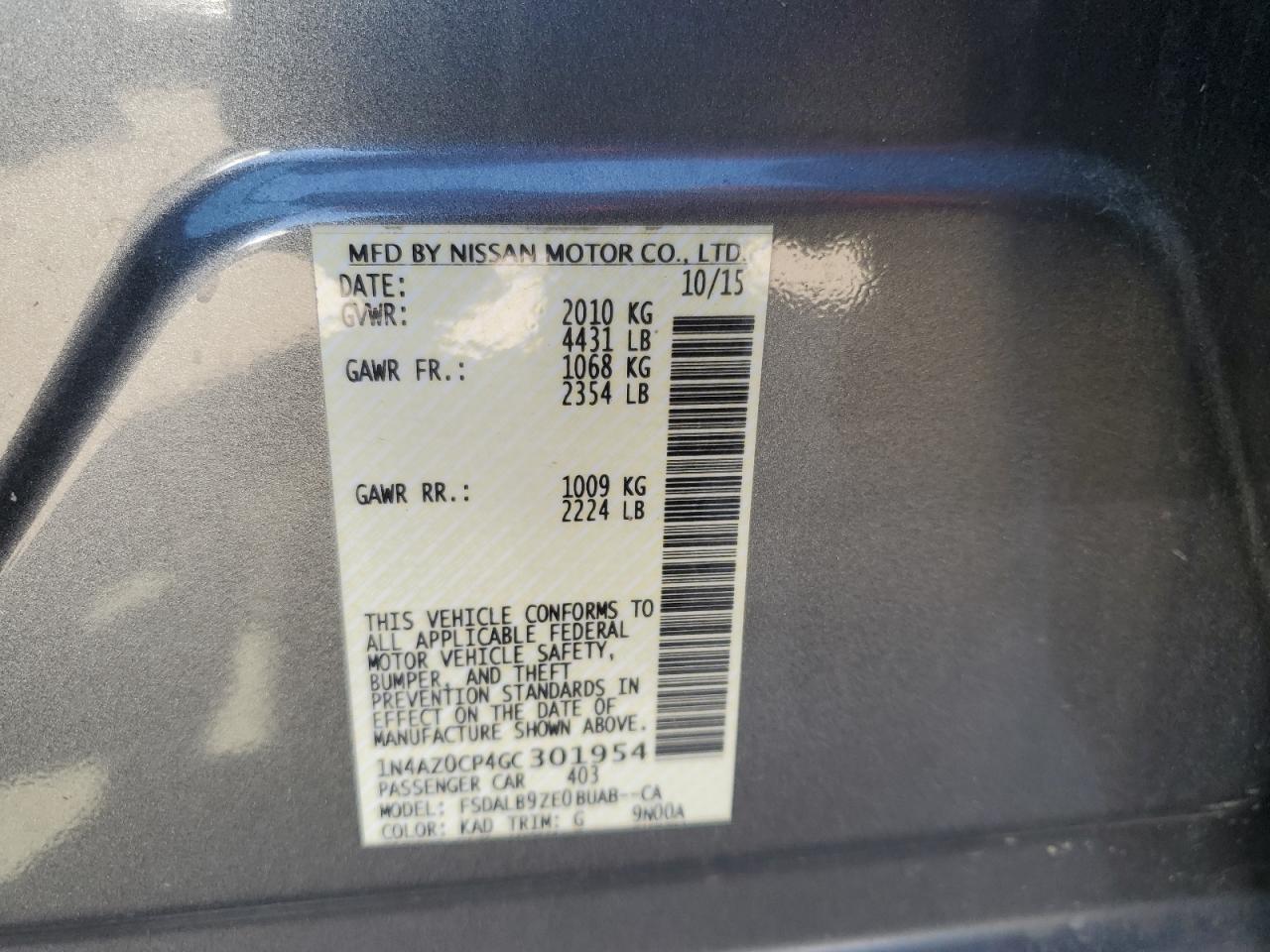 2016 Nissan Leaf S VIN: 1N4AZ0CP4GC301954 Lot: 52888445