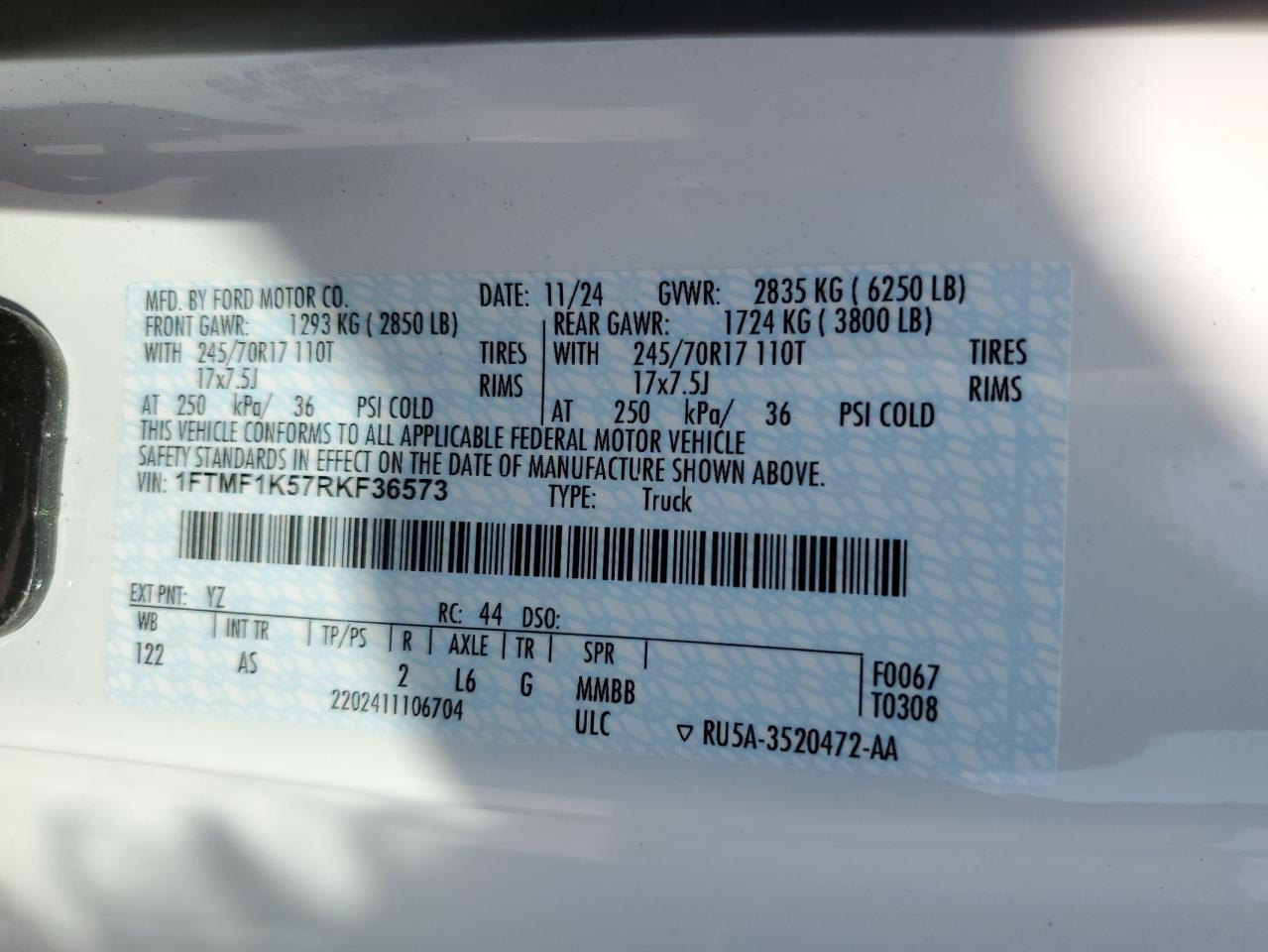 2024 Ford F150 Xl VIN: 1FTMF1K57RKF36573 Lot: 52594685
