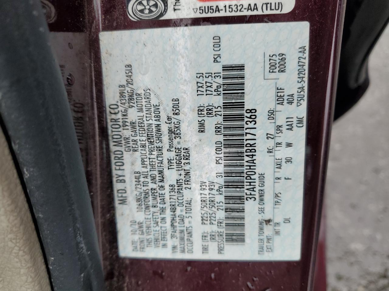 2011 Ford Fusion Se VIN: 3FAHP0HA4BR171368 Lot: 54824325