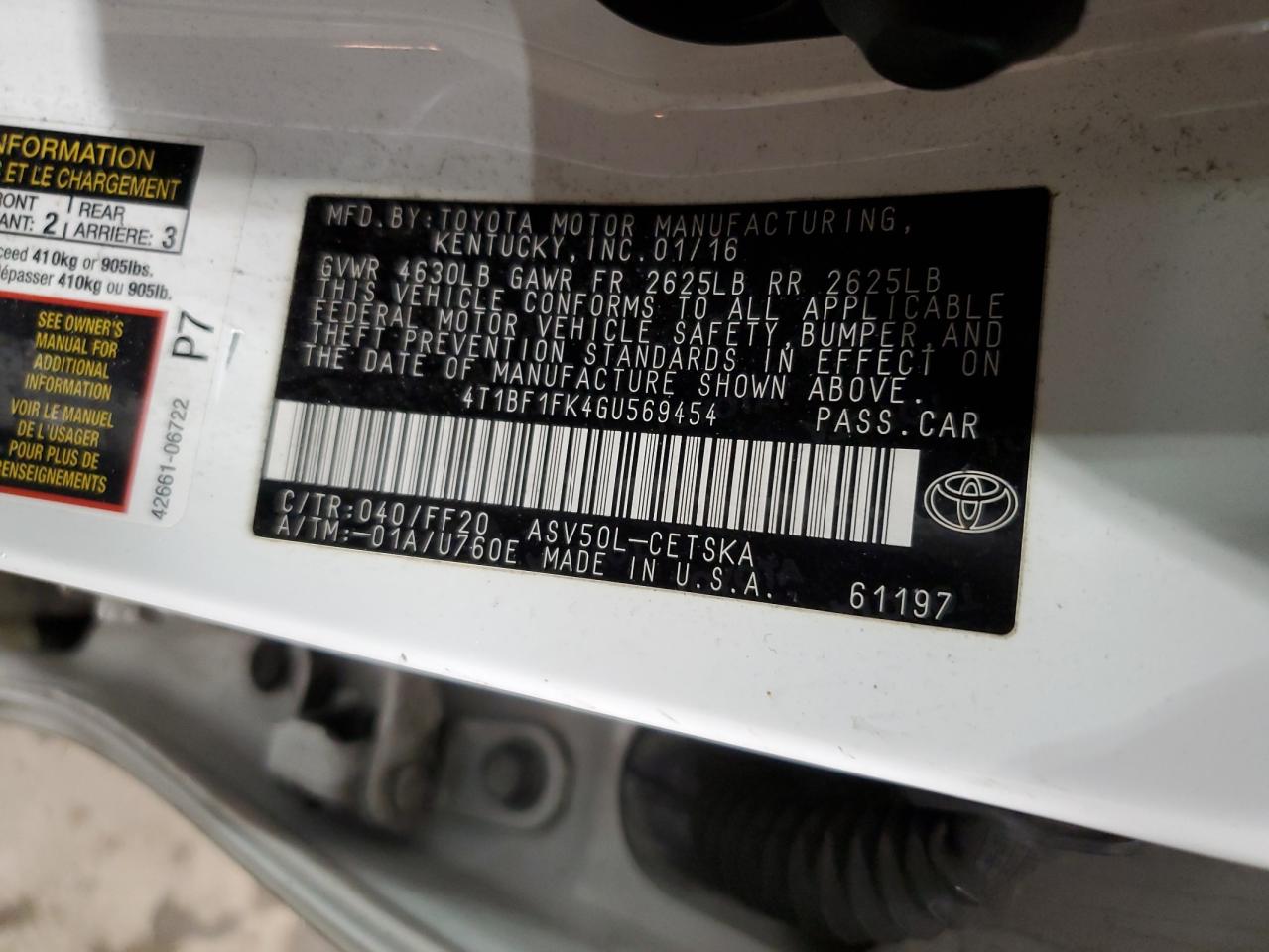 4t1bf1fk4gu569454 4T1BF1FK4GU569454 2016 Toyota Camry Le