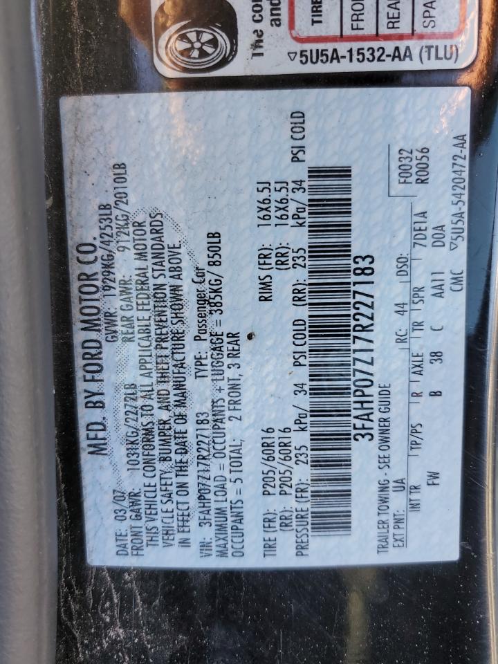2007 Ford Fusion Se VIN: 3FAHP07Z17R227183 Lot: 53077035