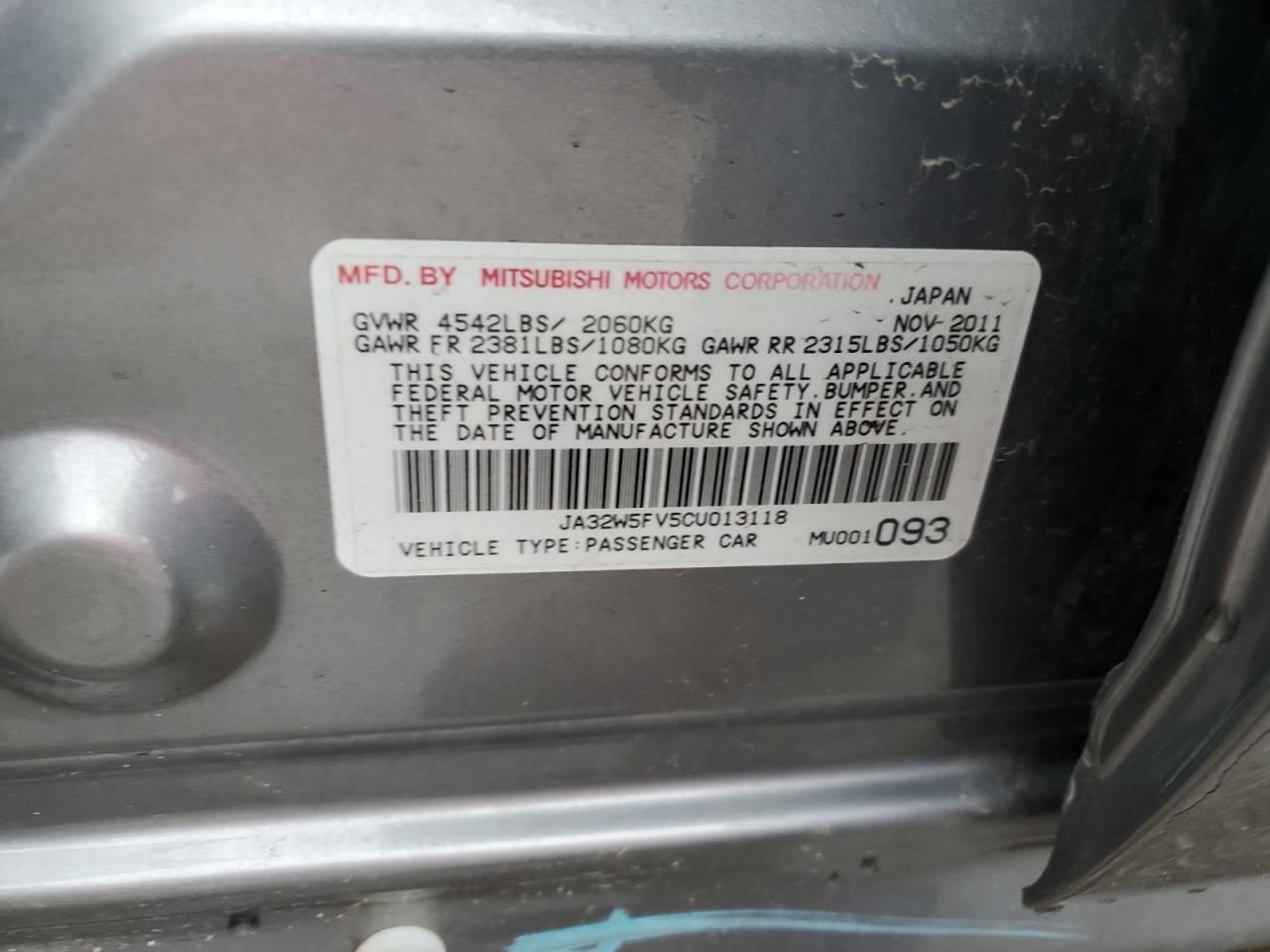 2012 Mitsubishi Lancer Evolution Mr VIN: JA32W5FV5CU013118 Lot: 51825555