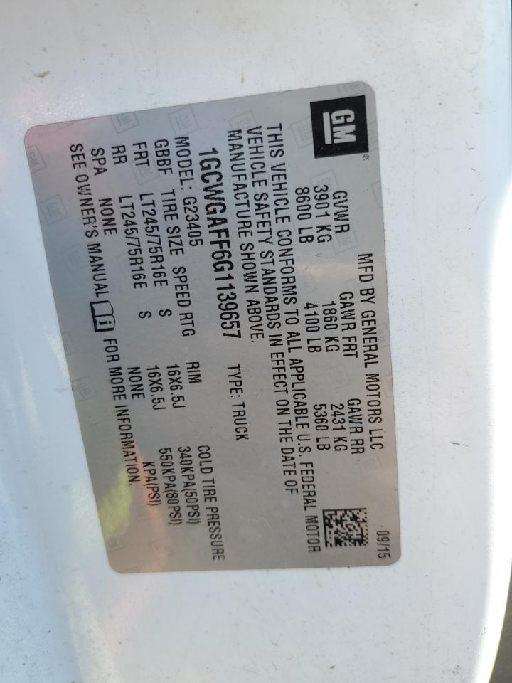 2016 Chevrolet Express G2500 VIN: 1GCWGAFF6G1139657 Lot: 52378615