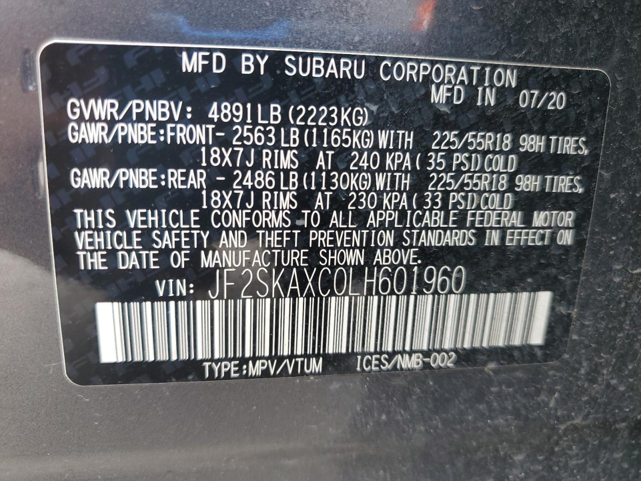 2020 Subaru Forester Touring VIN: JF2SKAXC0LH601960 Lot: 54745795