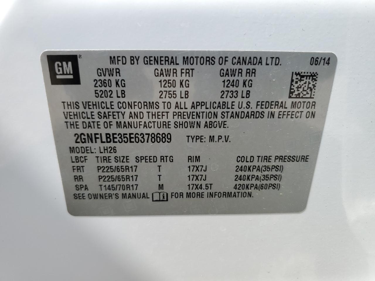 2014 Chevrolet Equinox Lt VIN: 2GNFLBE35E6378689 Lot: 63304975