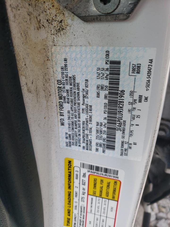 2018 Ford Fusion Se Hybrid VIN: 3FA6P0LU9JR281906 Lot: 54150025