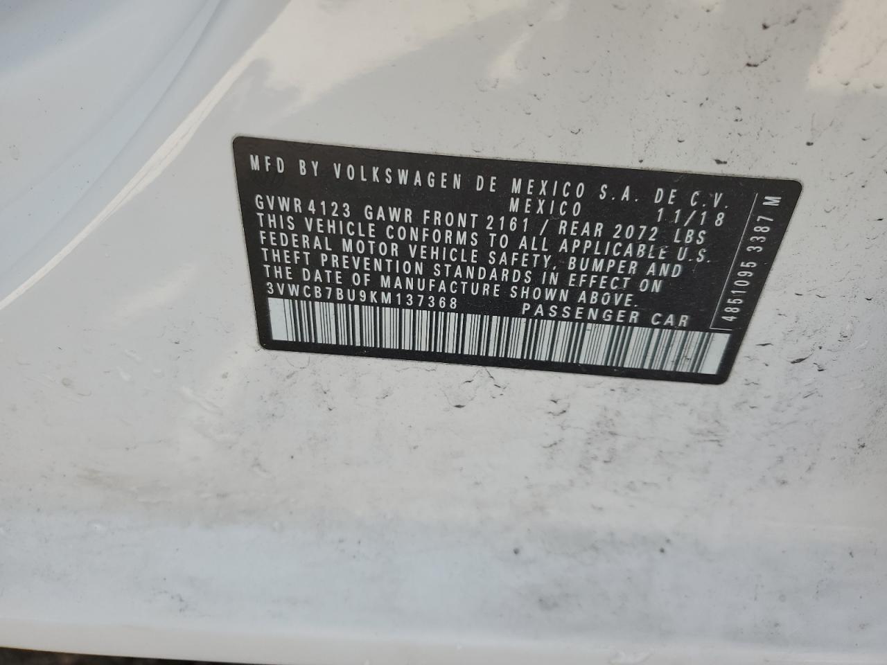 2019 Volkswagen Jetta S VIN: 3VWCB7BU9KM137368 Lot: 53489135