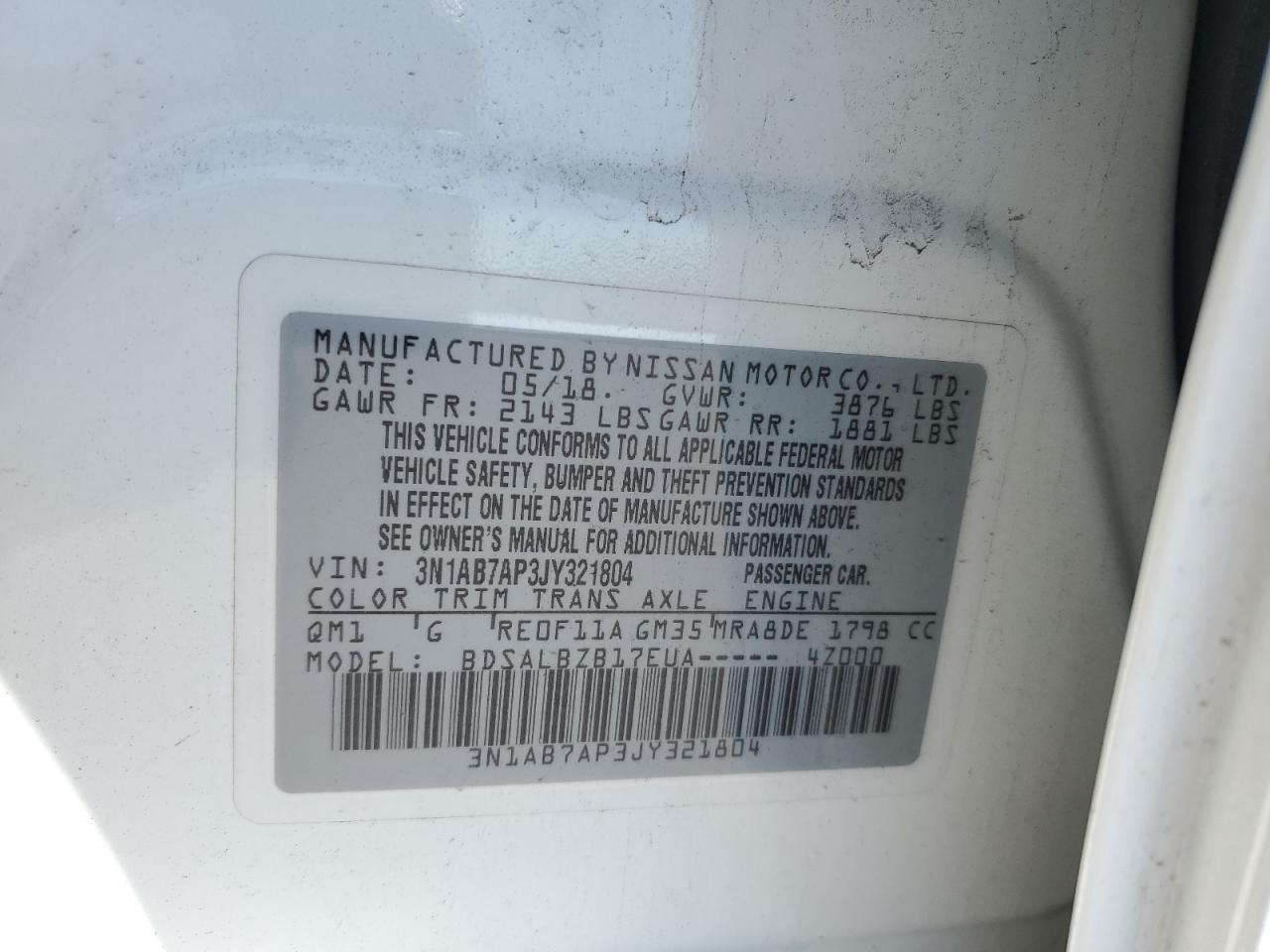 2018 Nissan Sentra S VIN: 3N1AB7AP3JY321804 Lot: 54690785