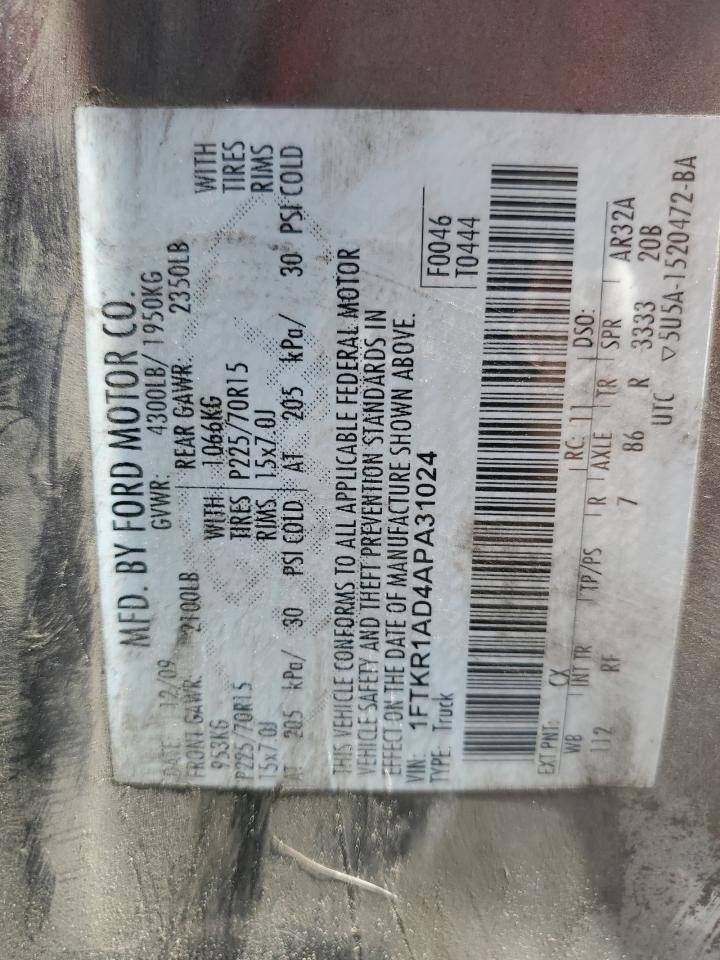 2010 Ford Ranger VIN: 1FTKR1AD4APA31024 Lot: 54487625