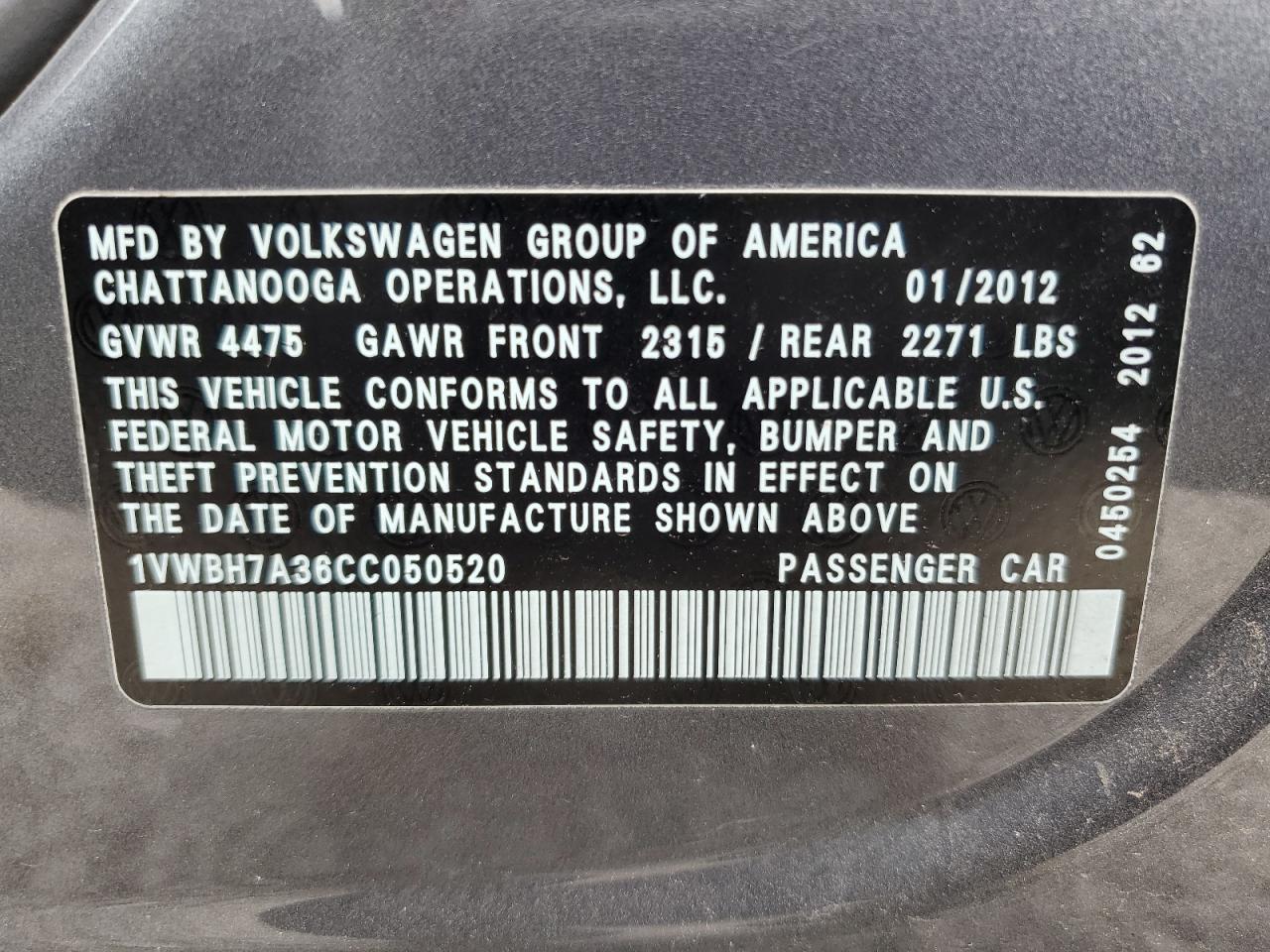 2012 Volkswagen Passat Se VIN: 1VWBH7A36CC050520 Lot: 54552875