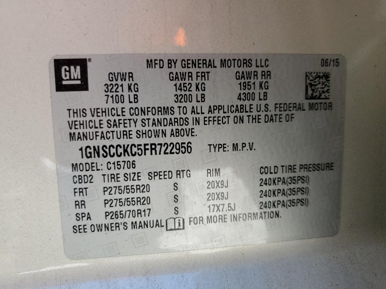 2015 Chevrolet Tahoe C1500 Ltz VIN: 1GNSCCKC5FR722956 Lot: 53353125