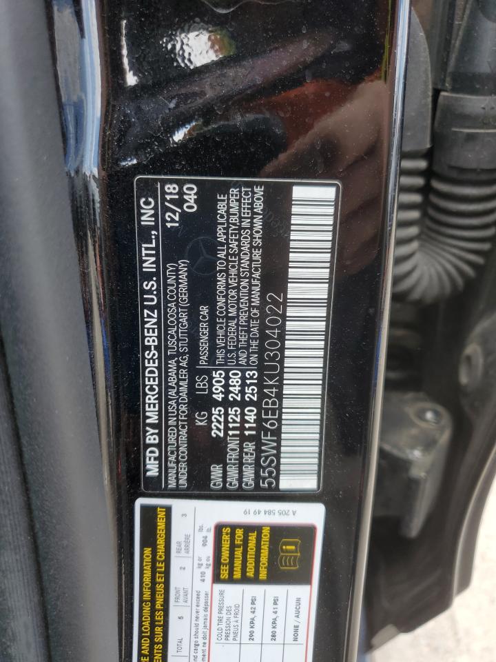 2019 Mercedes-Benz C 43 Amg VIN: 55SWF6EB4KU304022 Lot: 53096795