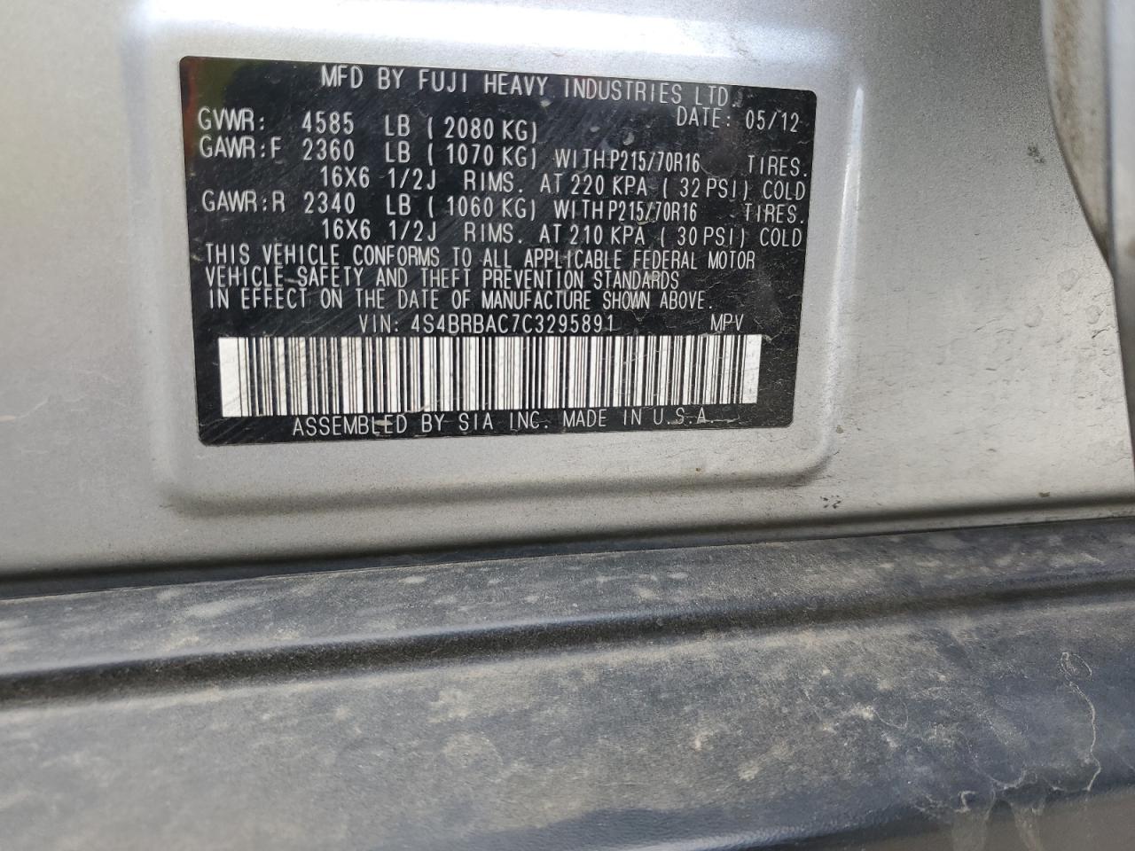 2012 Subaru Outback 2.5I VIN: 4S4BRBAC7C3295891 Lot: 54634125