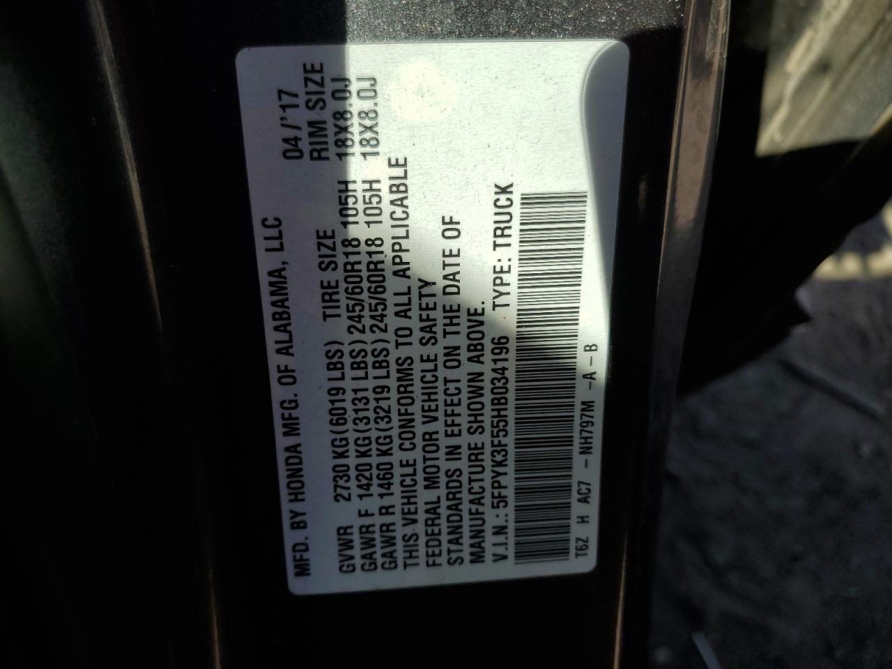 2017 Honda Ridgeline Rtl VIN: 5FPYK3F55HB034196 Lot: 53201815