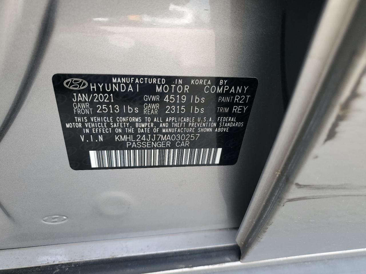 2021 Hyundai Sonata Hybrid VIN: KMHL24JJ7MA030257 Lot: 54740545