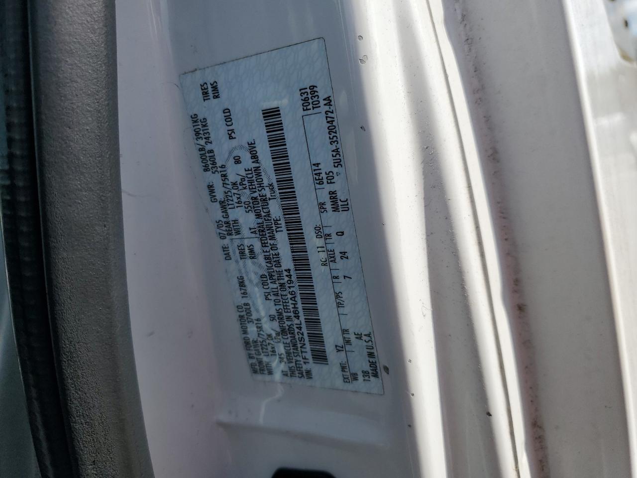 2006 Ford Econoline E250 Van VIN: 1FTNS24L46HA61944 Lot: 51165965