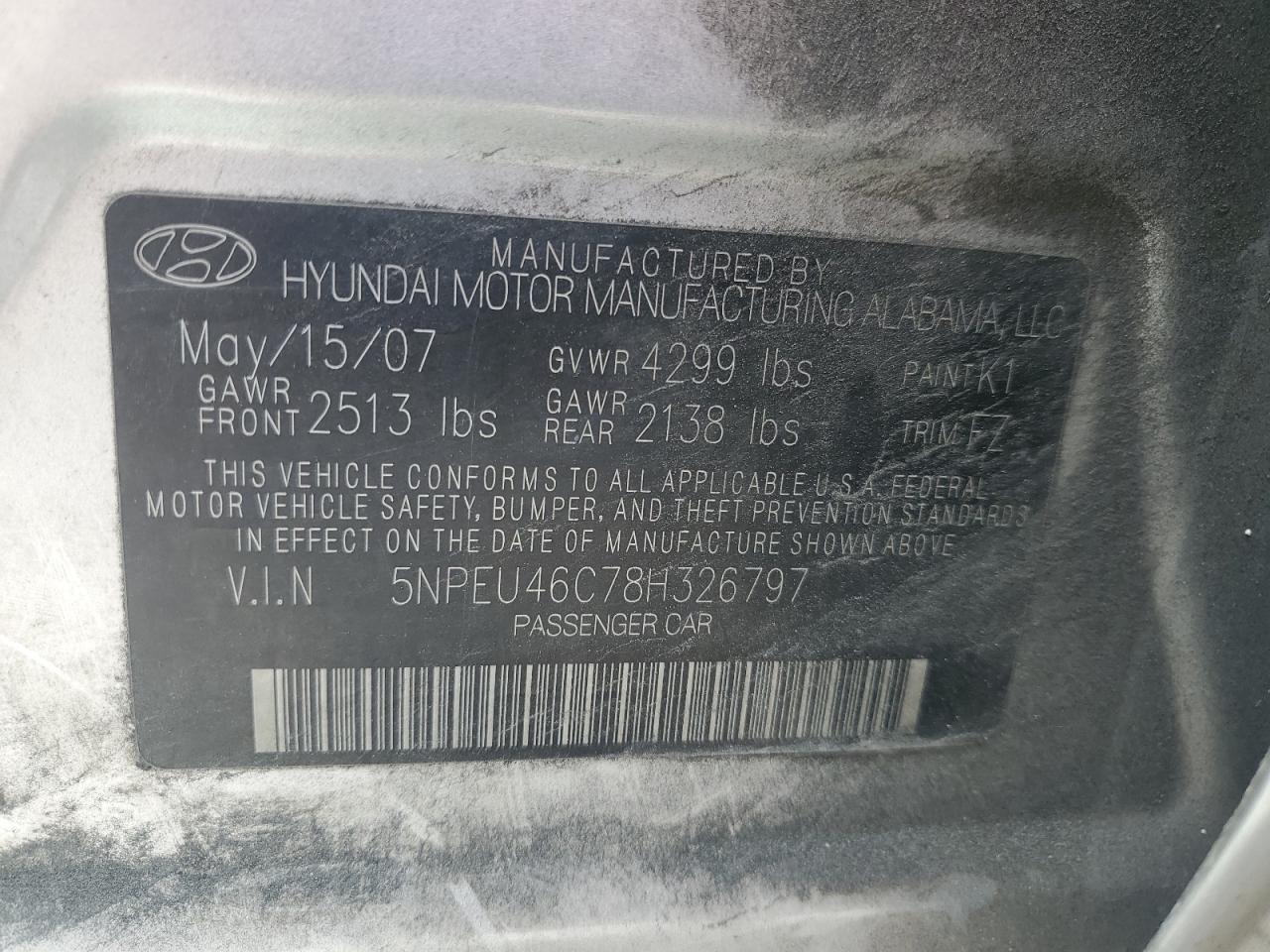 2008 Hyundai Sonata Se VIN: 5NPEU46C78H326797 Lot: 51796015