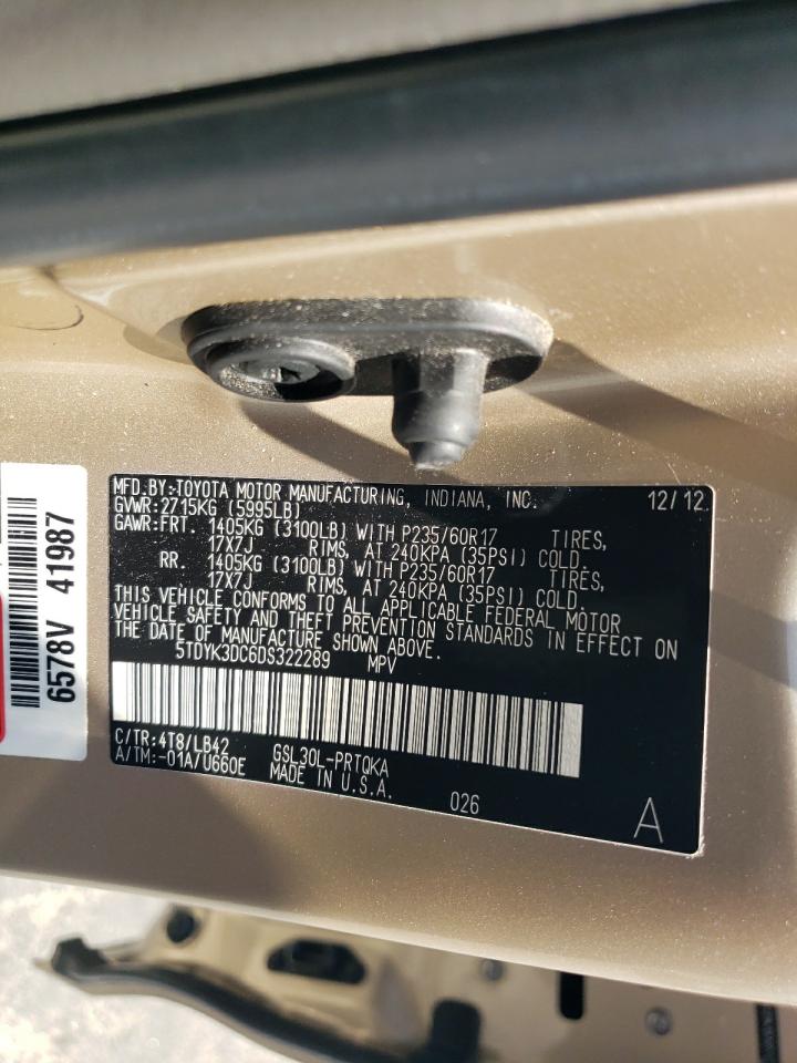 2013 Toyota Sienna Xle VIN: 5TDYK3DC6DS322289 Lot: 54626135