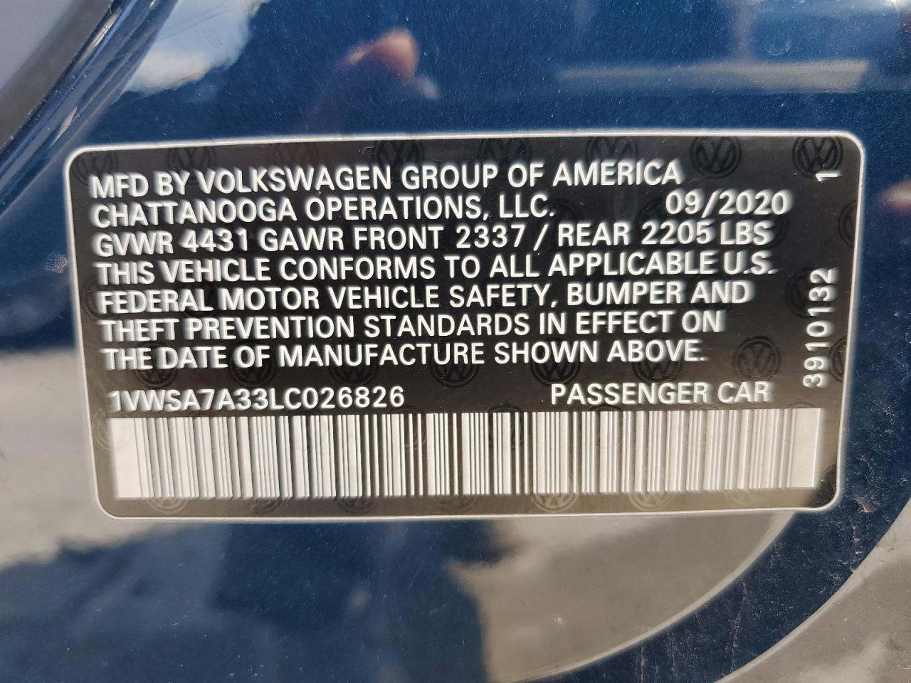 2020 Volkswagen Passat Se VIN: 1VWSA7A33LC026826 Lot: 53975365