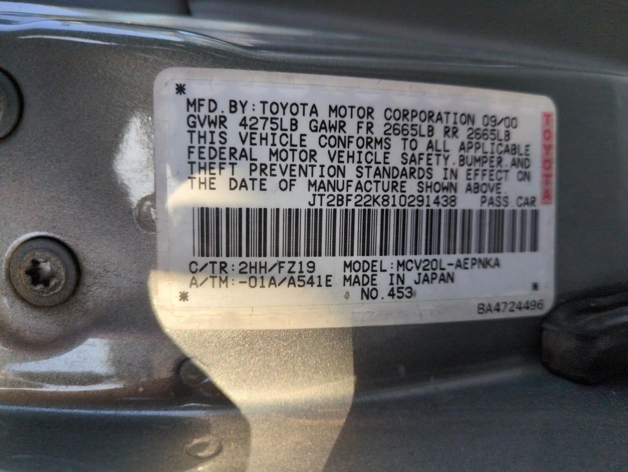 2001 Toyota Camry Ce VIN: JT2BF22K810291438 Lot: 54261565