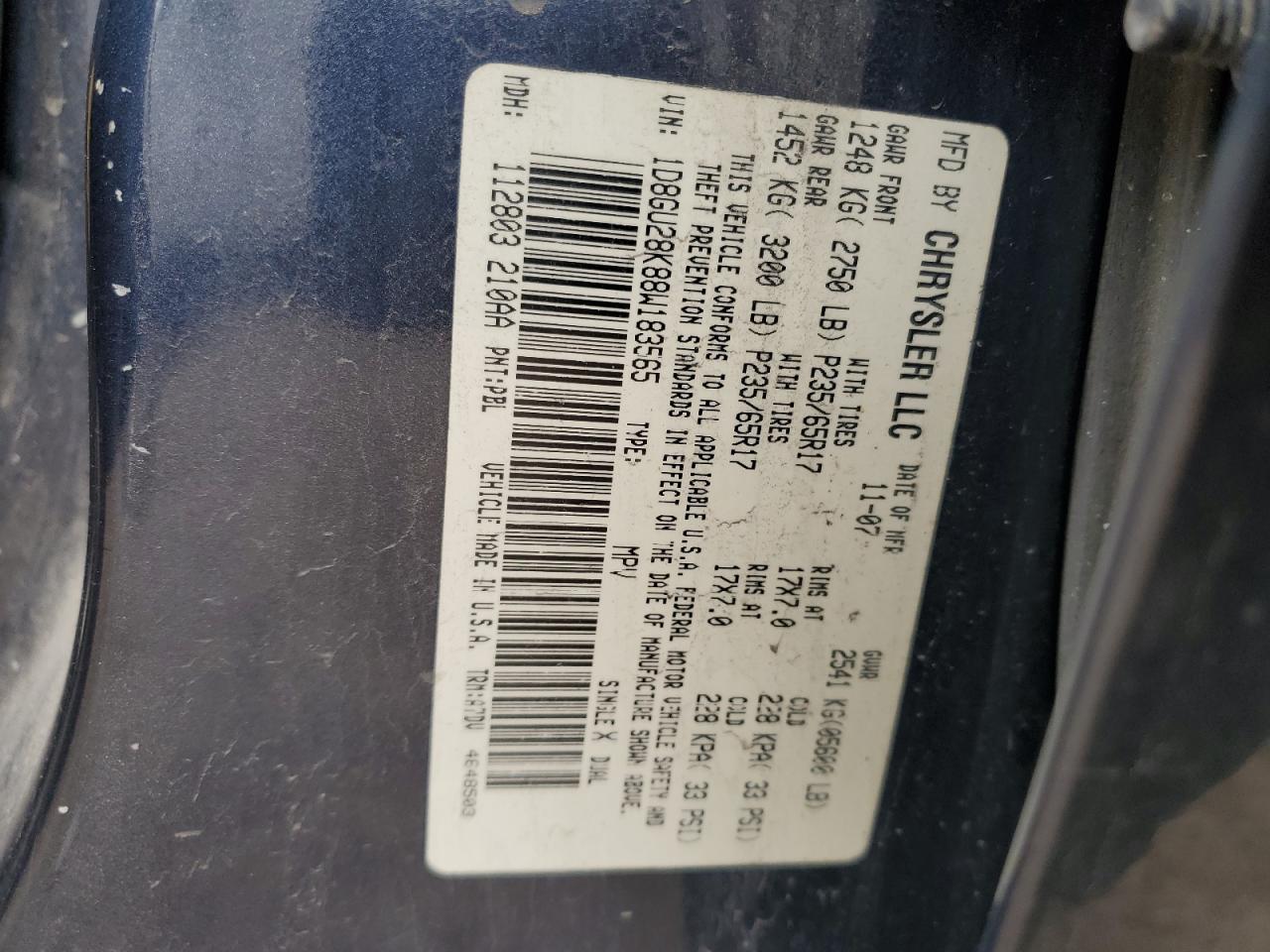 2008 Dodge Nitro Sxt VIN: 1D8GU28K88W183565 Lot: 53319065
