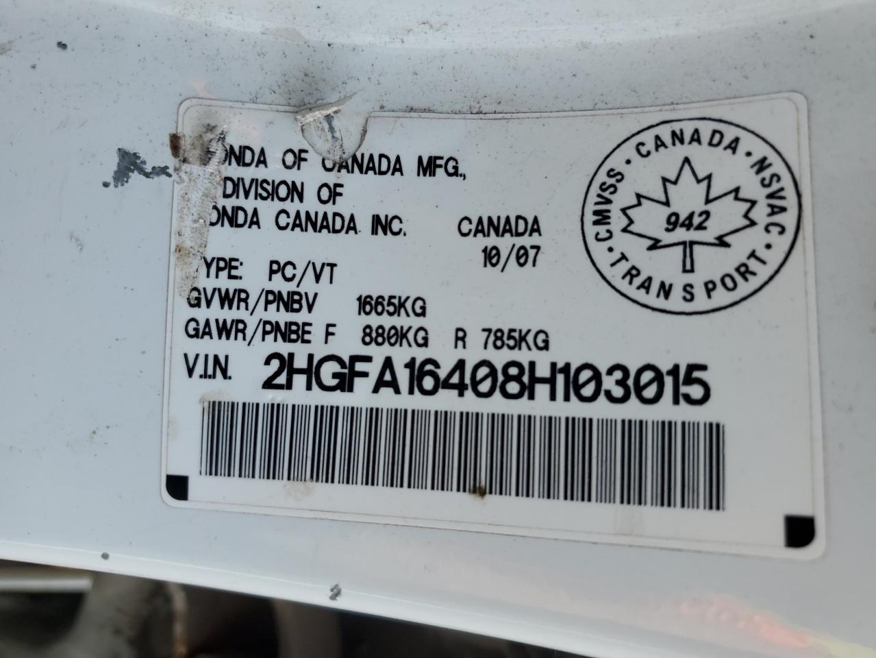 2008 Honda Civic Dx-G VIN: 2HGFA16408H103015 Lot: 54240125