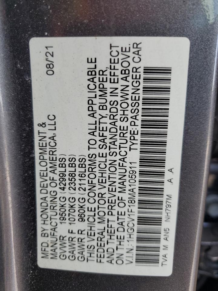 2021 Honda Accord Lx VIN: 1HGCV1F18MA105911 Lot: 52287855