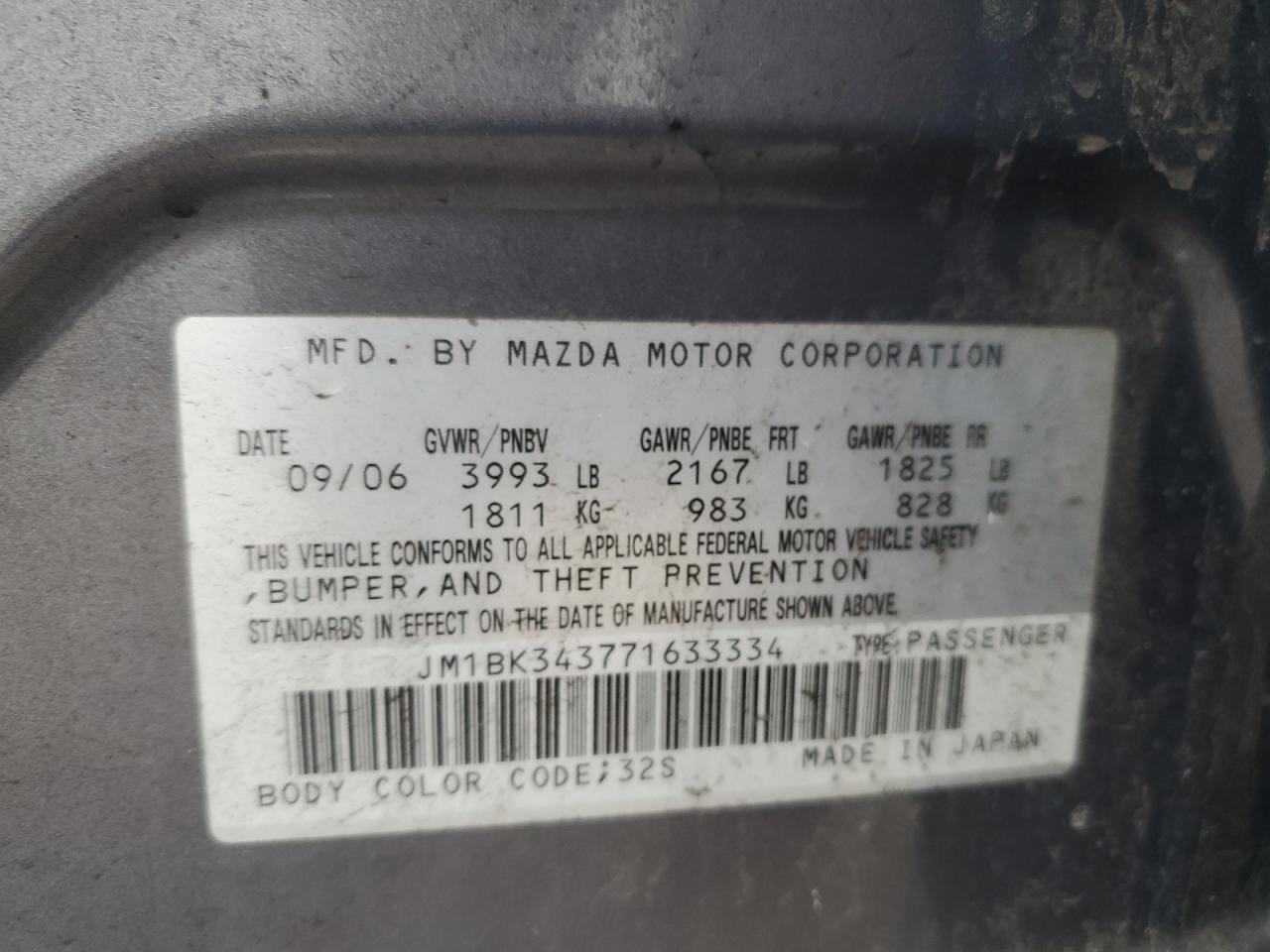 2007 Mazda 3 Hatchback VIN: JM1BK343771633334 Lot: 54780335