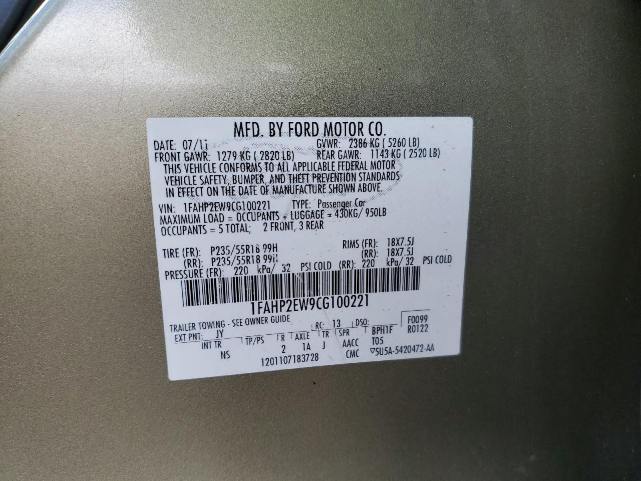 2012 Ford Taurus Sel VIN: 1FAHP2EW9CG100221 Lot: 52232225