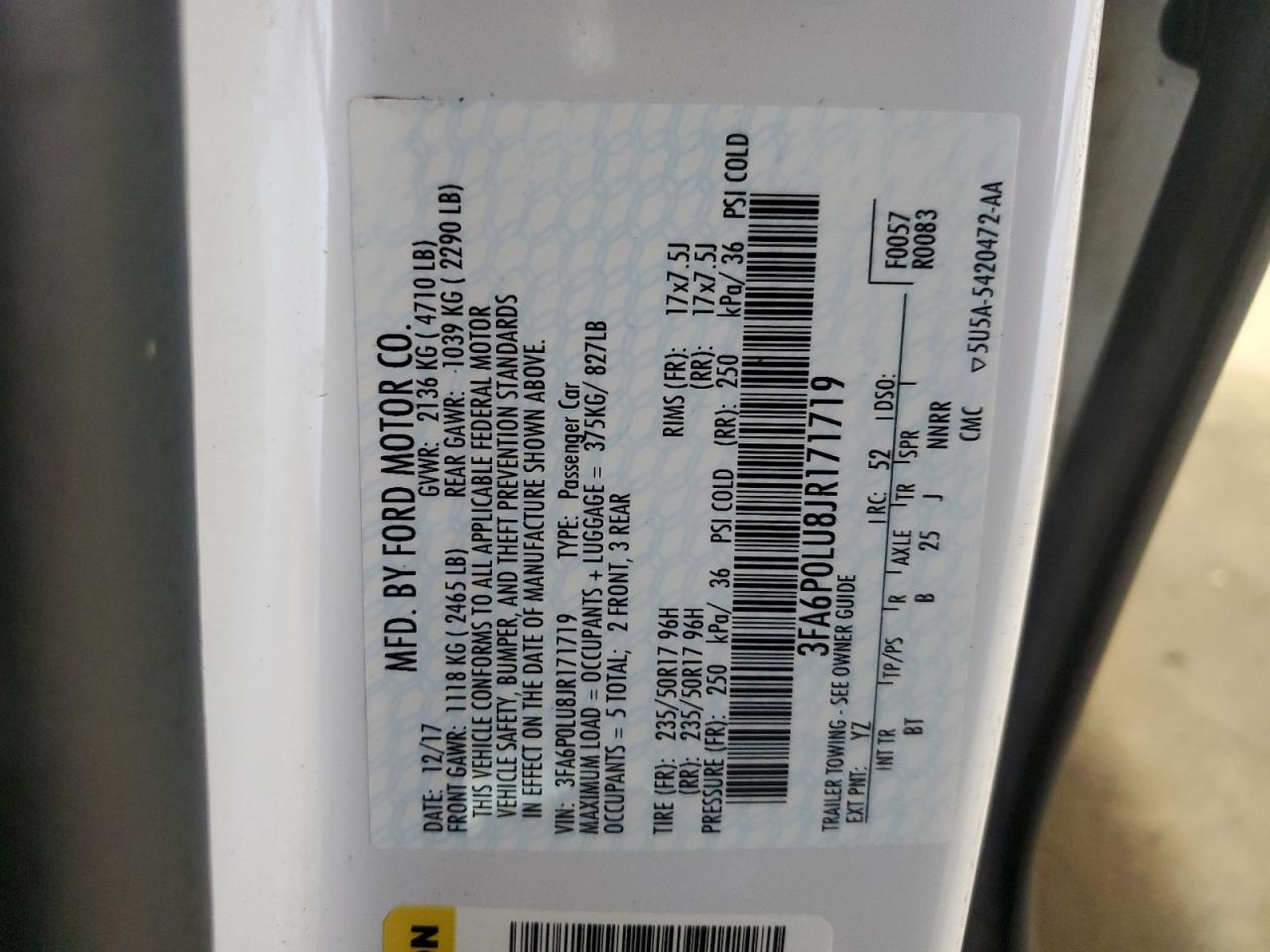 2018 Ford Fusion Se Hybrid VIN: 3FA6P0LU8JR171719 Lot: 54026515