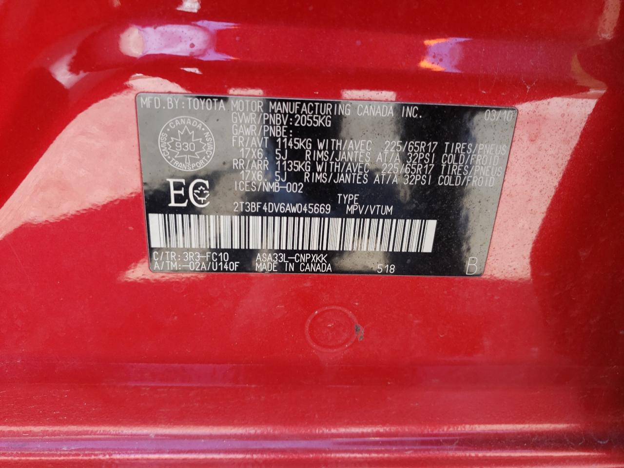 2010 Toyota Rav4 VIN: 2T3BF4DV6AW045669 Lot: 54497375