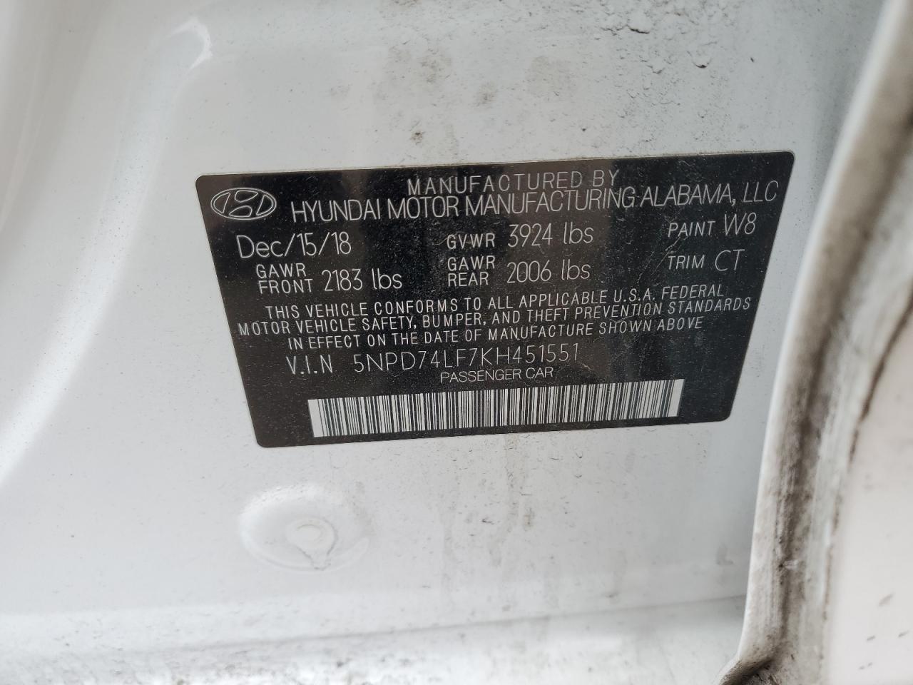 2019 Hyundai Elantra Se VIN: 5NPD74LF7KH451551 Lot: 52507135