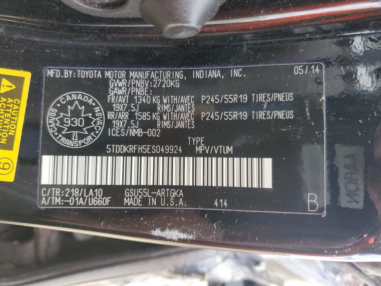 2014 Toyota Highlander Limited VIN: 5TDDKRFH5ES049924 Lot: 55322645