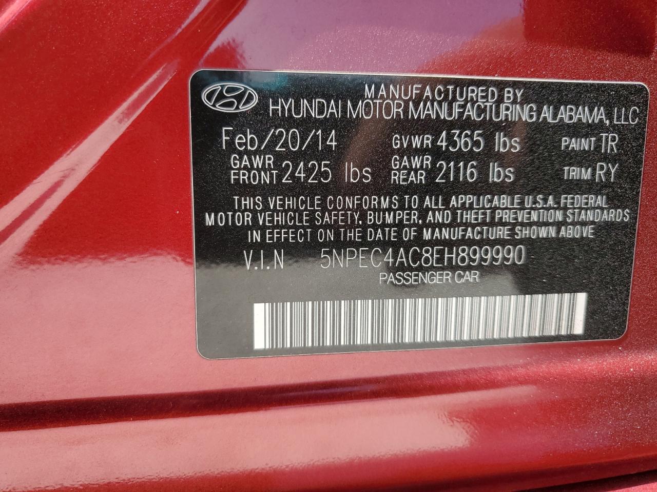 2014 Hyundai Sonata Se VIN: 5NPEC4AC8EH899990 Lot: 53922125