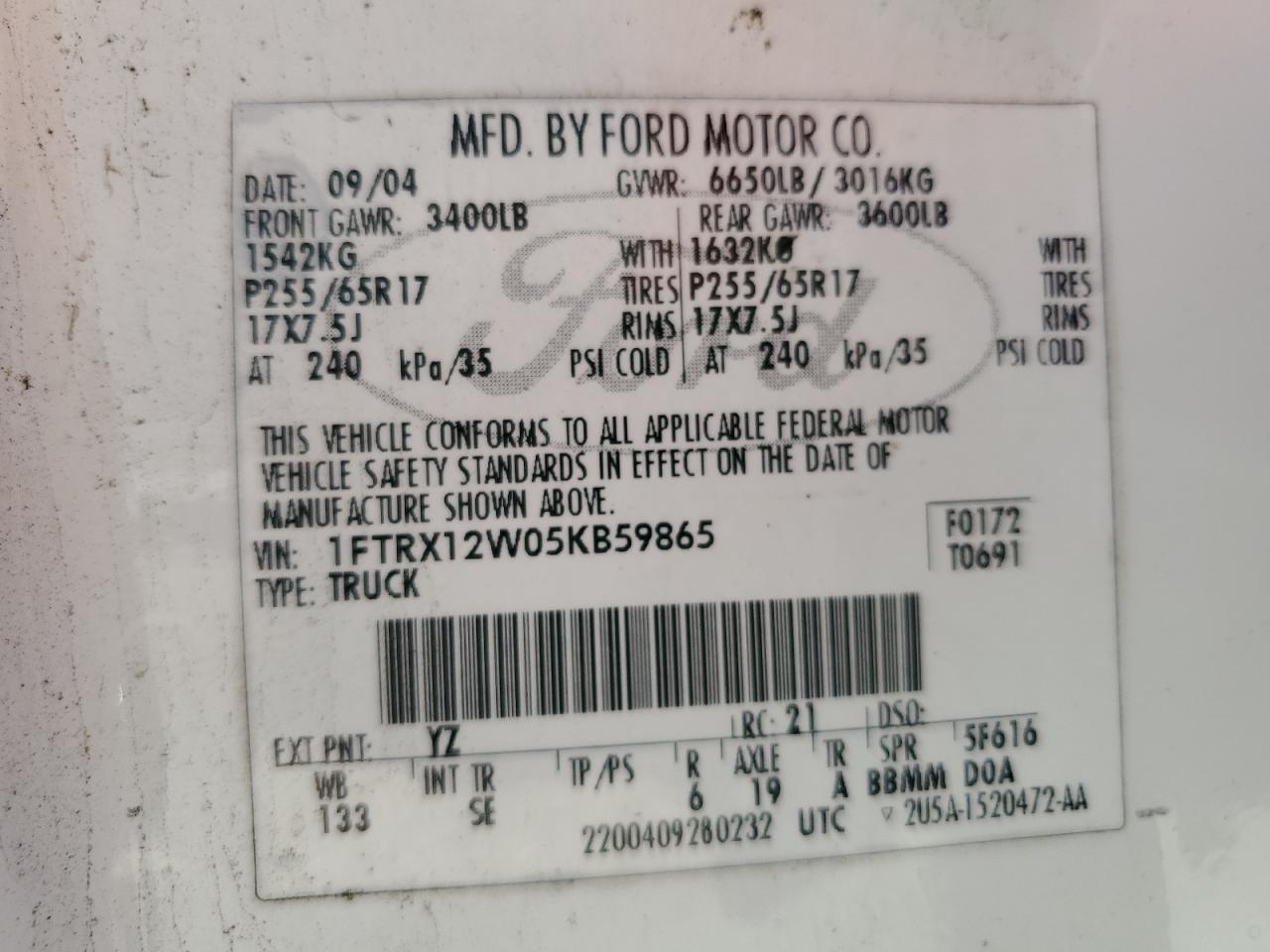 2005 Ford F150 VIN: 1FTRX12W05KB59865 Lot: 54314725