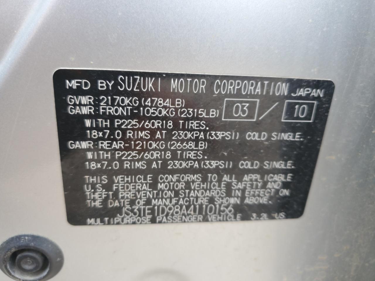 2010 Suzuki Grand Vitara Jlx VIN: JS3TE1D98A4110156 Lot: 54792905