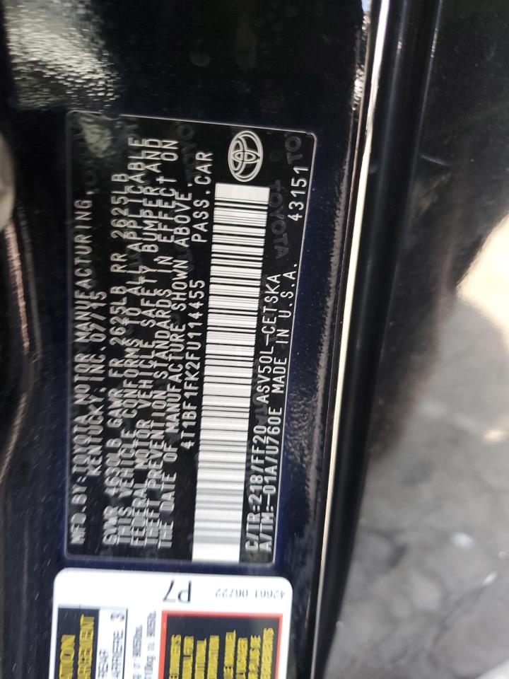2015 Toyota Camry Le VIN: 4T1BF1FK2FU114455 Lot: 53121085