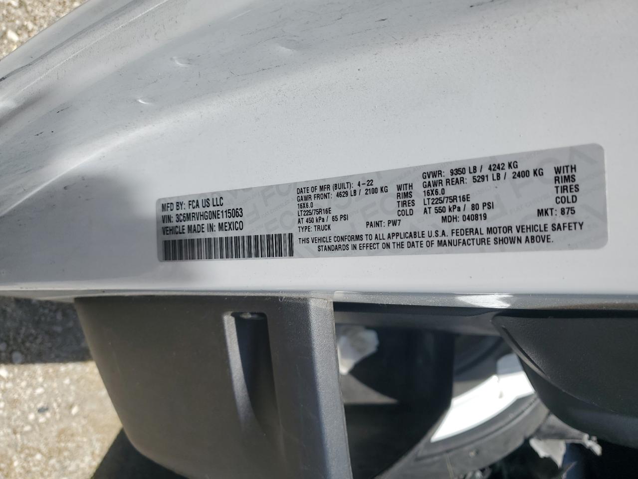 2022 Ram Promaster 3500 3500 High VIN: 3C6MRVHG0NE115063 Lot: 68536535