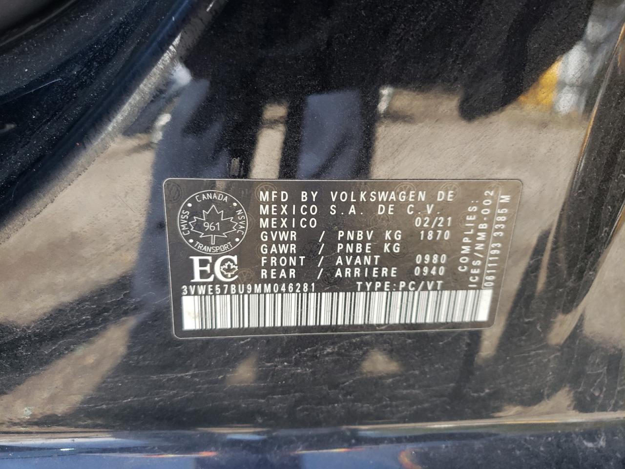 2021 Volkswagen Jetta Sel VIN: 3VWE57BU9MM046281 Lot: 54772855