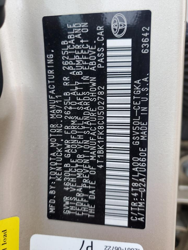 2012 Toyota Camry Se VIN: 4T1BK1FK8CU502782 Lot: 53871385