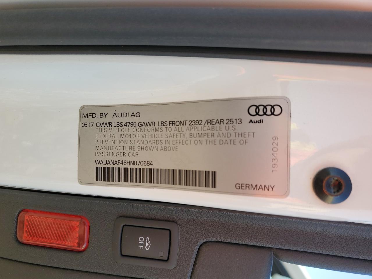 2017 Audi A4 Premium VIN: WAUANAF46HN070684 Lot: 52251865
