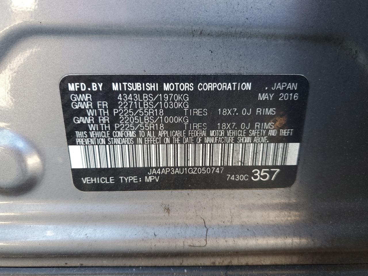 ja4ap3au1gz050747 JA4AP3AU1GZ050747 2016 Mitsubishi Outlander Sport Es