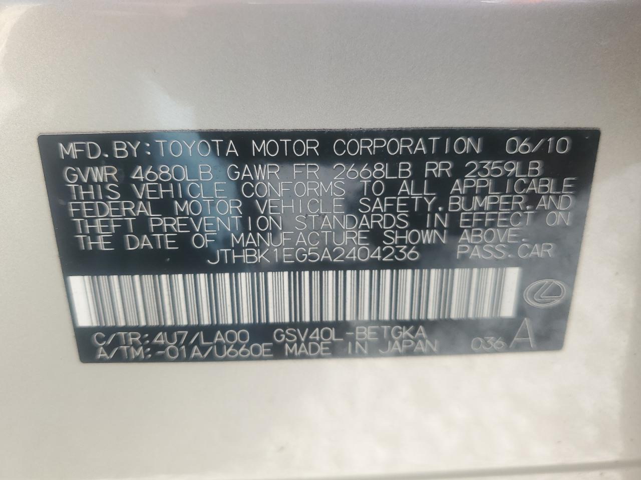 2010 Lexus Es 350 VIN: JTHBK1EG5A2404236 Lot: 54526275