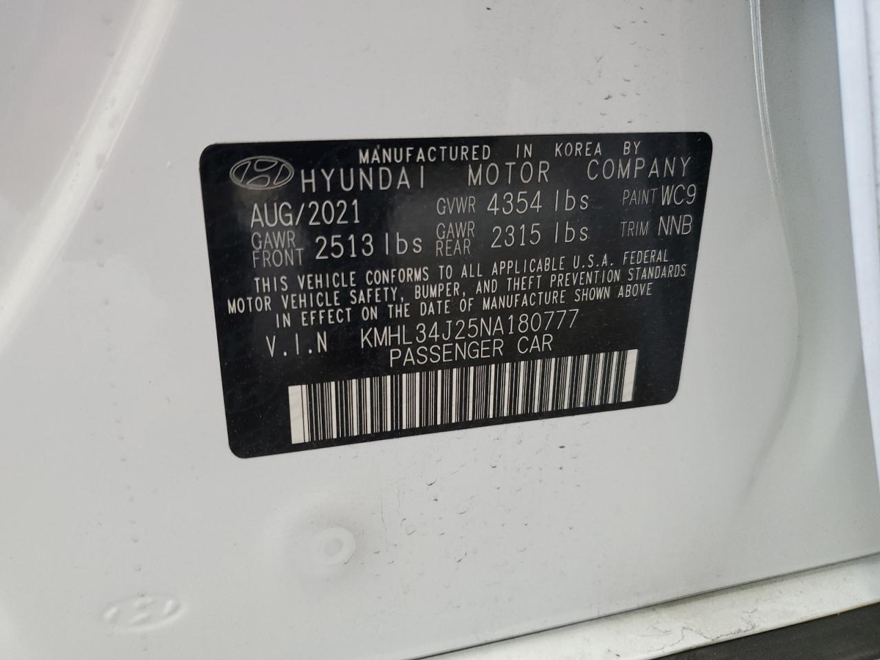 2022 Hyundai Sonata Limited VIN: KMHL34J25NA180777 Lot: 54046935