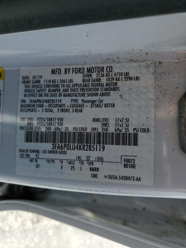 2019 Ford Fusion Se VIN: 3FA6P0LU4KR285119 Lot: 54040015