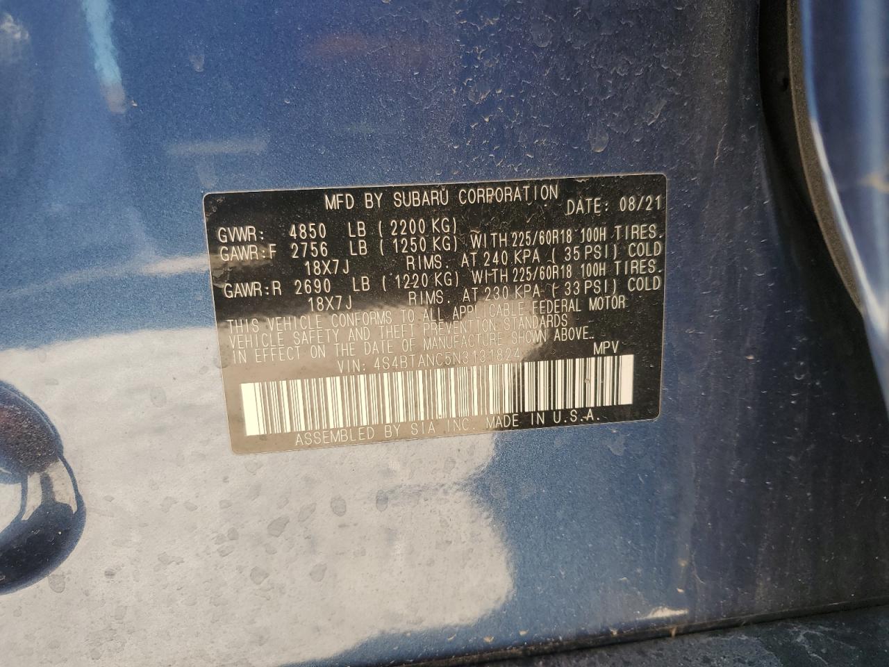 2022 Subaru Outback Limited VIN: 4S4BTANC5N3131824 Lot: 52550295