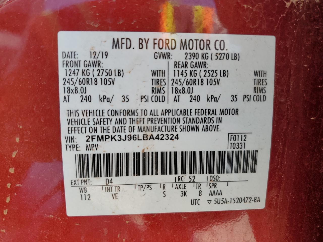 2020 Ford Edge Sel VIN: 2FMPK3J96LBA42324 Lot: 52796805