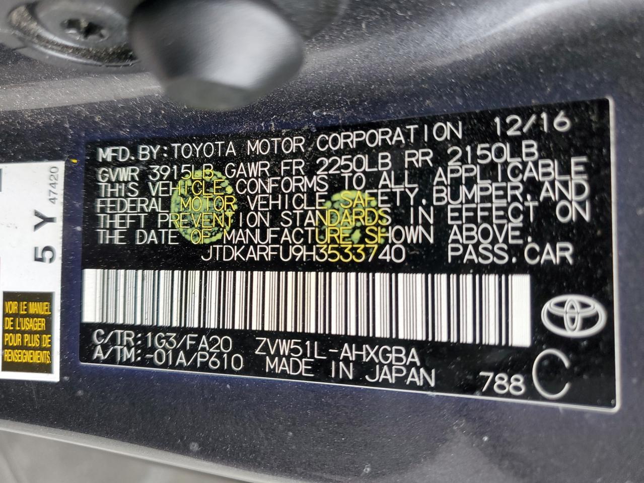 2017 Toyota Prius VIN: JTDKARFU9H3533740 Lot: 52201445