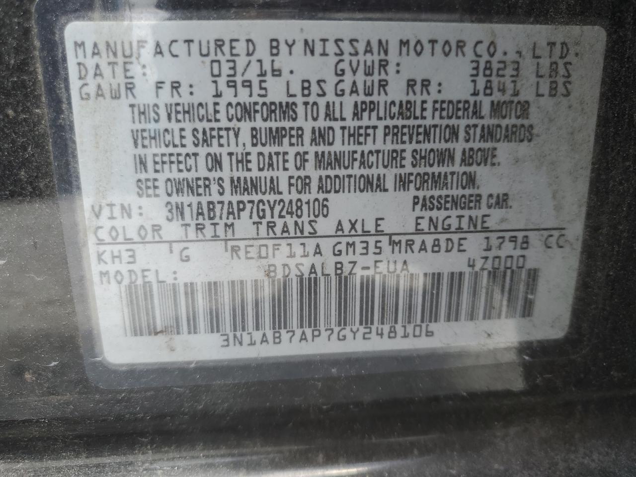 2016 Nissan Sentra S VIN: 3N1AB7AP7GY248106 Lot: 54015215